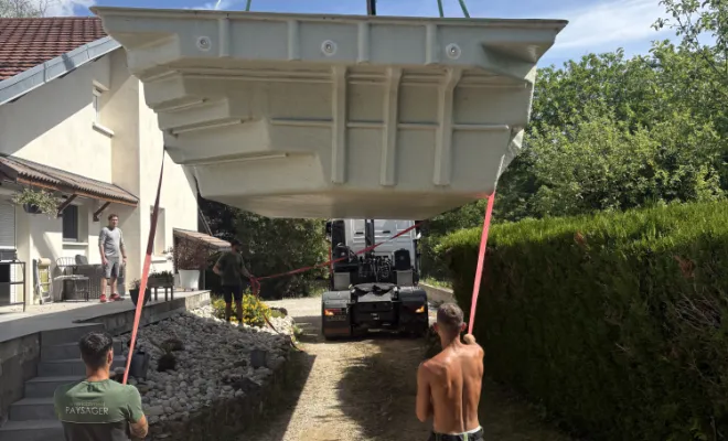 Pose piscine coque, Bettant, D&B Aménagement Paysager 